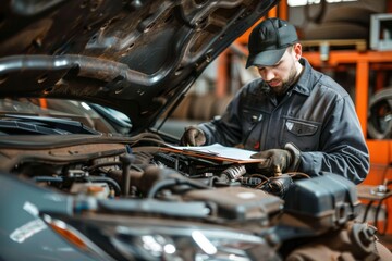 A mechanic inspects a car engine with its hood open while holding a clipboard and making notes