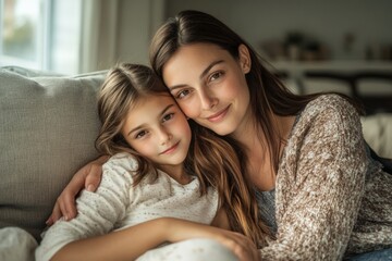 High-resolution brightly lit photorealistic candid photograph of a mother and daughter relaxing together on a soft couch in a beautifully lit living room. The photograph has a light and bright