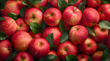 red apples with leaves closeup with top view red apple patterns top view of bright ripe fragrant red apples with water drops as background