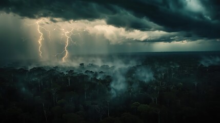 Wall Mural - a stormy sky with lightning and a forest in the background. scene is intense and dramatic