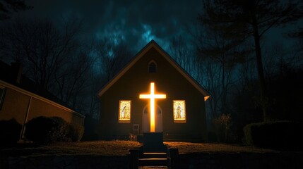 A church at night with a cross bathed in light from behind, the glow symbolizing a miraculous presence.