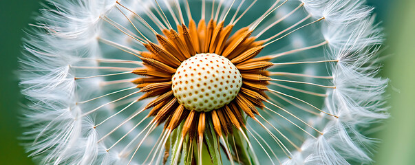 A detailed macro photograph of a dandelion head with its white seeds ready to disperse