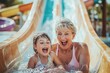 © kitipol - High-resolution brightly lit photorealistic candid photograph of a grandmother and grandchild enjoying a fun-filled day at a water park, sliding down water slides and laughing together. The