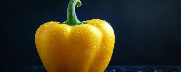 Yellow bell pepper with water droplets against dark background. Freshness and nutrition concept