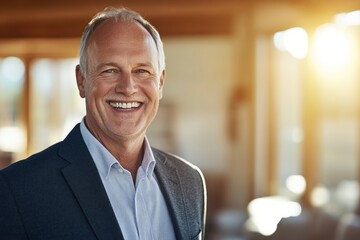 High-resolution brightly lit photorealistic candid photograph of a smiling senior businessman captured in a high-end lifestyle magazine style. The light, uplifting ambiance enhances his joyful