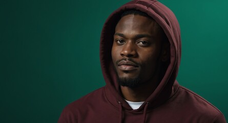 Poster - Relaxed Black male model in maroon hoodie on emerald background