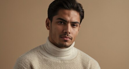 Poster - Relaxed Hispanic male model in white turtleneck sweater on beige background