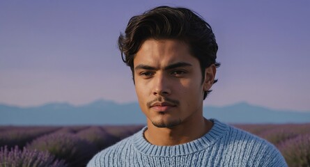 Poster - Serene Hispanic male model in light blue knit sweater on lavender background