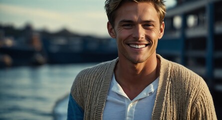 Wall Mural - Smiling White male model in beige cardigan on navy background