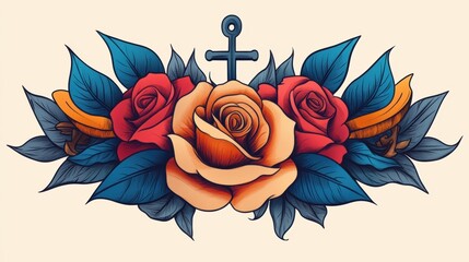 Sticker - A tattoo of a rose with an anchor and leaves, AI