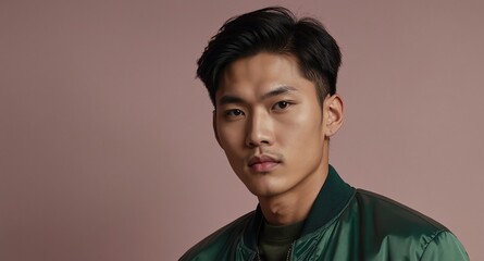 Sticker - Stylish Asian male model in dark green bomber jacket on pale pink background