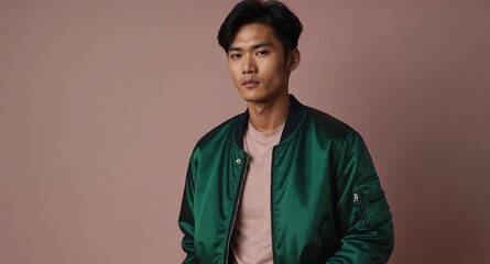 Wall Mural - Stylish Asian male model in dark green bomber jacket on pale pink background