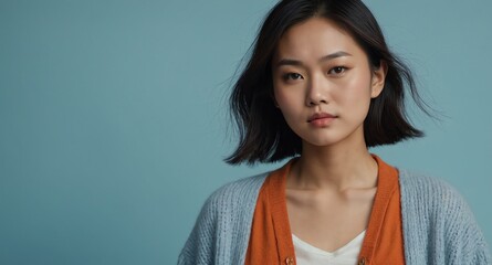 Poster - Thoughtful Asian female model in orange cardigan and jeans on pale blue background