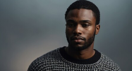 Canvas Print - Thoughtful Black male model in black sweater on silver background