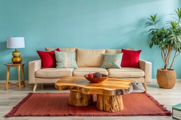 Wall Mural - Boho interior design of modern living room, home. Live edge coffee table near beige sofa