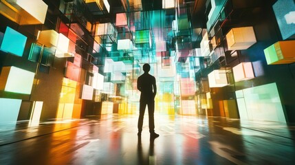 Wall Mural - Silhouette of a Man in a Colorful Cube Room