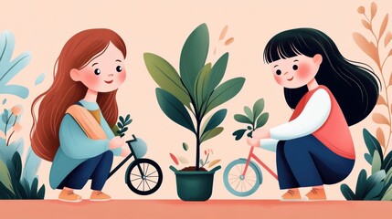 Wall Mural - Two girls are planting a tree on their bikes, AI