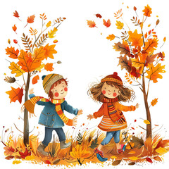 Little boy and girl playing with colorful leaves, watercolor illustration, png