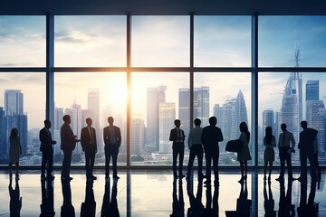 Poster - Silhouettes of business people in panoramic view city office architecture silhouette cityscape.