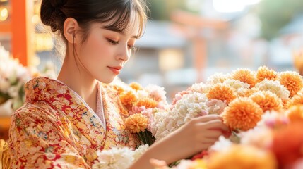 Wall Mural - Serene Japanese Woman Arranging Flowers at Shrine in Temple Garden, Capturing Spiritual Beauty and Tradition