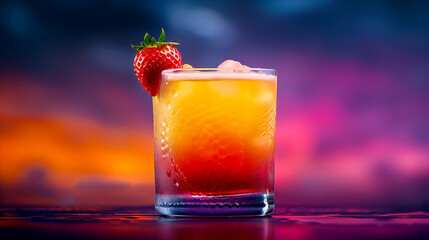 A glass of mixed drink with a strawberry on top. The drink is a combination of orange and red juices