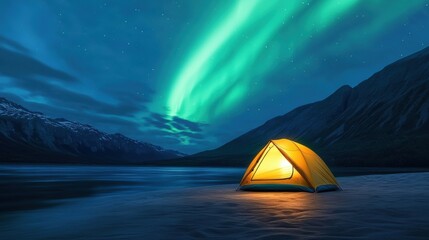 Sticker - A tent is lit up under the aurora borealis in a snowy landscape, AI