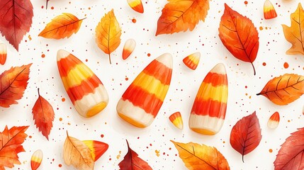 A festive Halloween fabric featuring candy corn and autumn leaves, arranged in a cozy pattern, on a white background