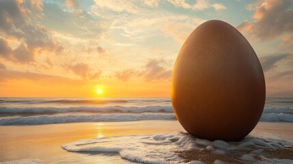 Sticker - A large egg sits on the sandy beach as waves crash gently around it. The sun sets in the background, casting warm colors across the sky. This stunning scene captures a surreal moment. AI