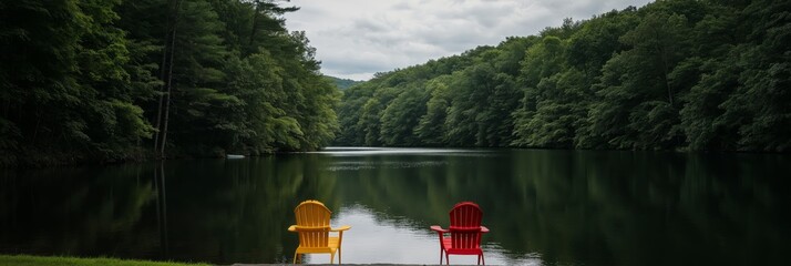 Two colorful chairs facing a serene lake surrounded by lush green trees under a cloudy sky in tranquil nature.