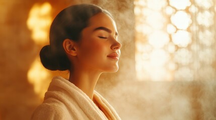 Wall Mural - Serene Central Asian Woman Embracing Steam Therapy in Traditional Bathhouse for Physical and Mental Relaxation (Double Exposure)