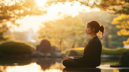 Wall Mural - Serene East Asian Woman Embracing Tranquility in Ethereal Silhouette Garden Setting - Reflecting Zen and Harmony with Nature