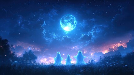 Wall Mural - A group of cheerful ghosts dancing under a full moon, celebrating Halloween