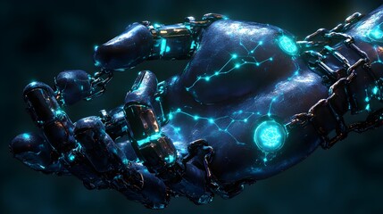 Futuristic robotic hands wrapped in thick iron chains, neural network patterns glowing faintly, illustrating AI regulation, dramatic lighting