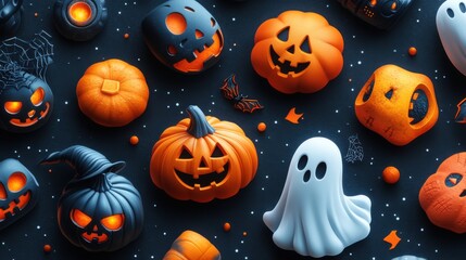 Wall Mural - A Halloween icon set featuring simple and clean icons like pumpkins, ghosts, and witches, on a white background