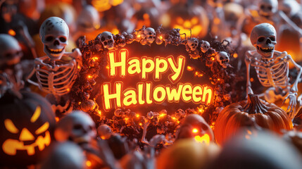 Spooky halloween greeting with skeletons and pumpkins