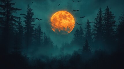 Wall Mural - A Halloween night sky filled with bats and a glowing moon, mysterious and dark