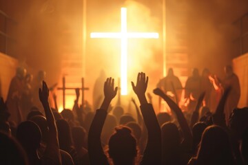 Church worship concept. Christians with raised hands pray and worship to the cross in church building