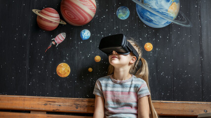 Young student exploring virtual solar system with VR virtual reality headset in front of planetary blackboard, Immersive education and imagination