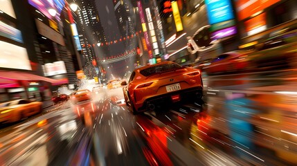 Poster - orange car driving through city at night with motion blur.