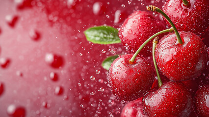 Juicy red cherries with water droplets and splash, Fresh ripe organic cherries closeup refreshing freshness