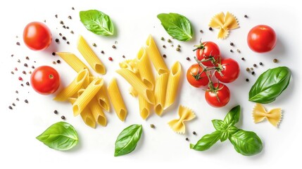 Canvas Print - Fresh pasta ingredients arranged beautifully on a white background. Colorful tomatoes, green basil leaves, and various pasta shapes create an inviting culinary scene.