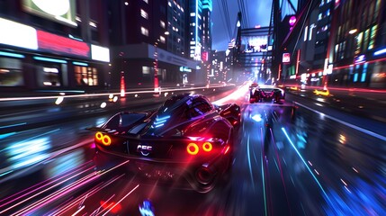 Wall Mural - fast car speeding through a city at night with neon lights and blurred buildings in the background.