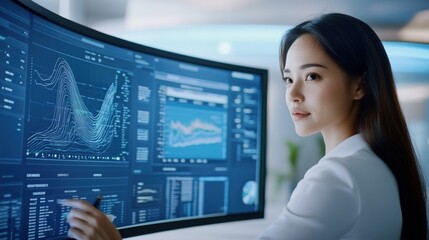 Poster - A woman in white shirt pointing at a large monitor, AI