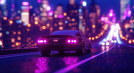 Retro car in neon-lit rainy cyberpunk cityscape at night, Atmospheric vintage vehicle on wet urban street with futuristic color palette