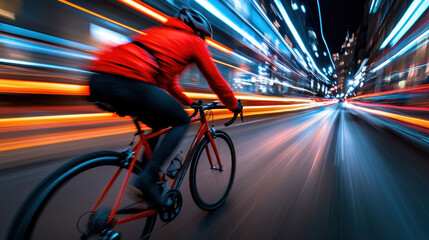 Canvas Print - A person riding a bike in the middle of an urban area, AI