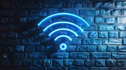 Wall Mural - glowing blue neon wifi symbol on a dark brick wall.