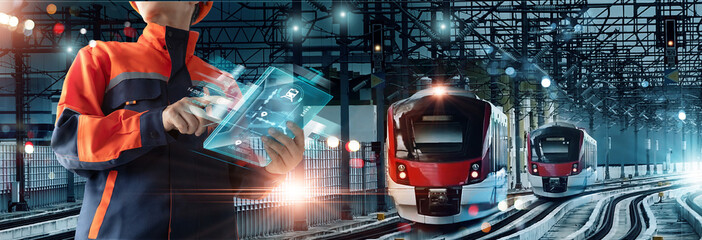 Poster - .Transport technology, Engineer using control panel Ui of virtual interface for analysis data systems electrics of track on train railway on networking connection, Modern Industrial and transportation