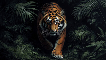 Majestic tiger prowling through lush jungle, wildlife conservation or dangerous carnivore predator concept