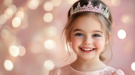 A smiling little girl wearing a sparkling tiara, set against a soft pink background