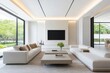 © Thi - A minimalist, clean living room with a symmetrical design, showcasing modern simplicity and balance.